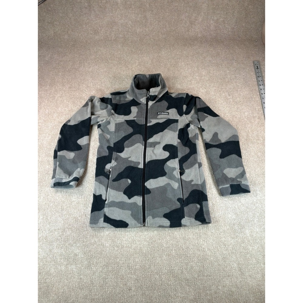 Columbia Youth Camo Fleece Jacket Grey Black Full Zip WB6777 Size M 10/12